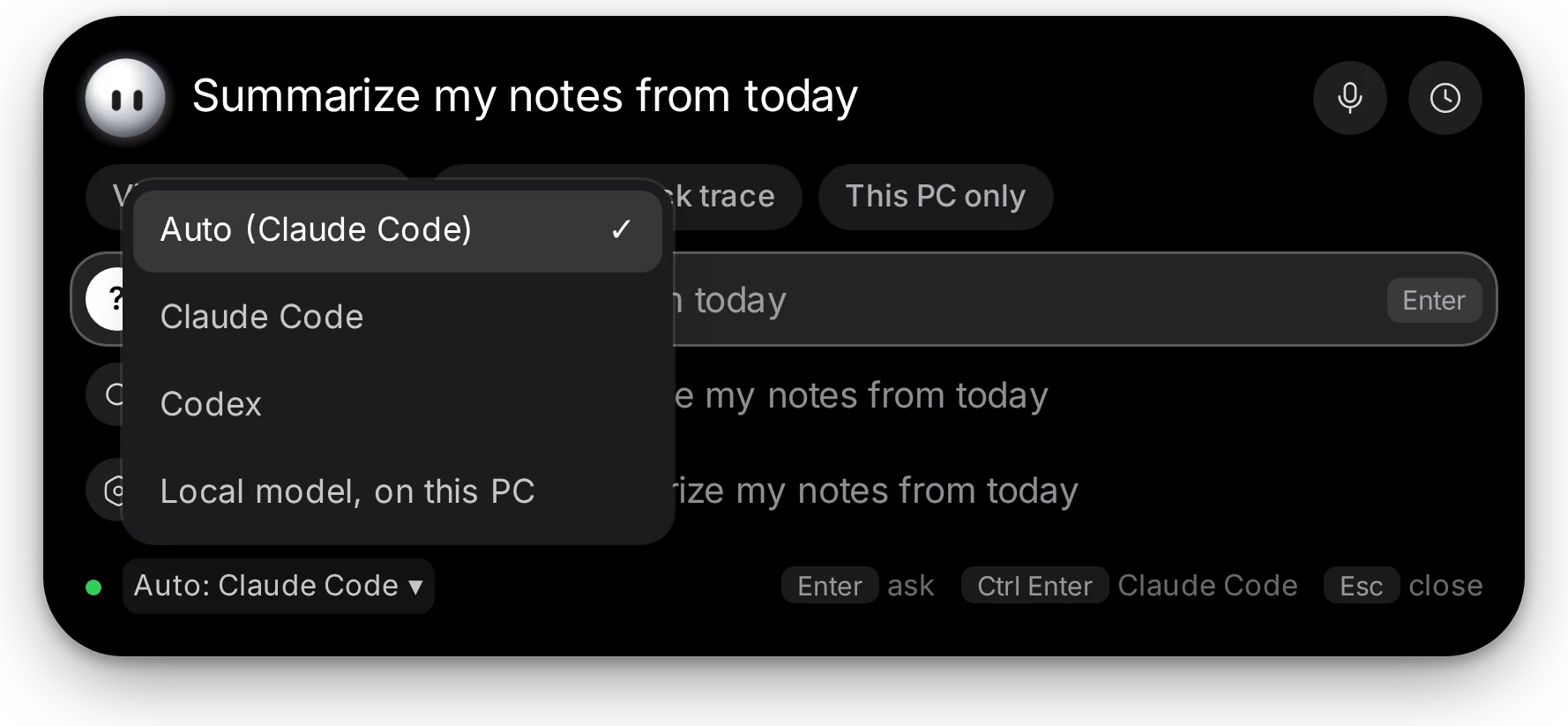 Ask mode with the model picker: Auto, Claude Code, Codex, Local model on this PC
