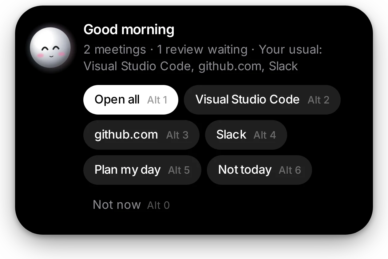 Good morning card with Open all, Visual Studio Code, github.com, Slack, Plan my day