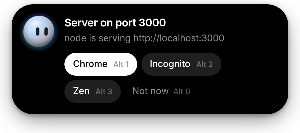 Server on port 3000 card with Chrome, Incognito and Zen