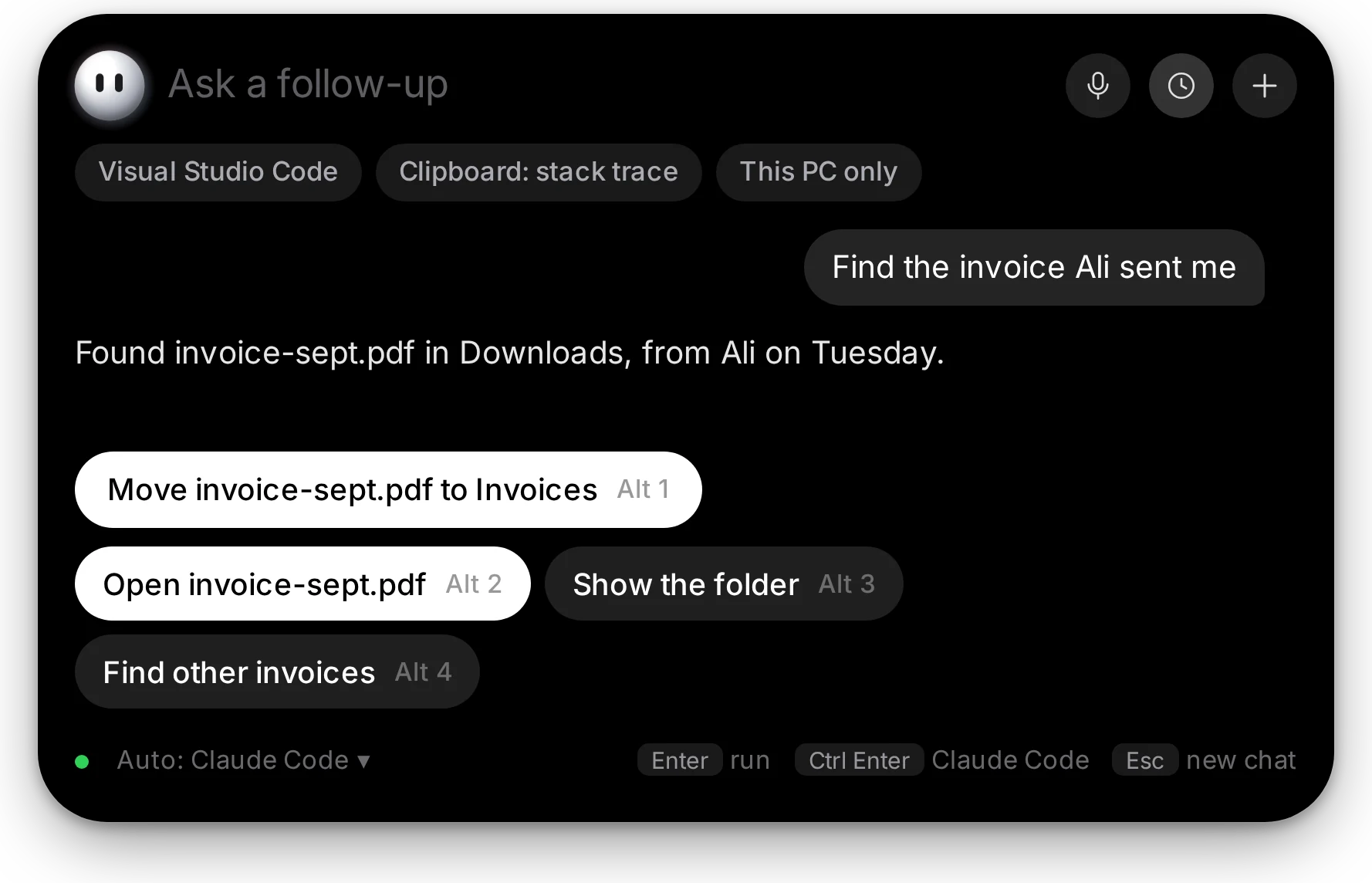 The island answering a spoken question: Found invoice-sept.pdf in Downloads, from Ali on Tuesday